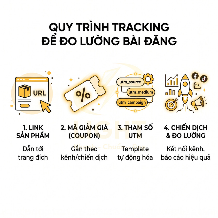 Quy trình tracking đo lường bài đăng với link sản phẩm, mã giảm giá, tham số UTM và chiến dịch marketing