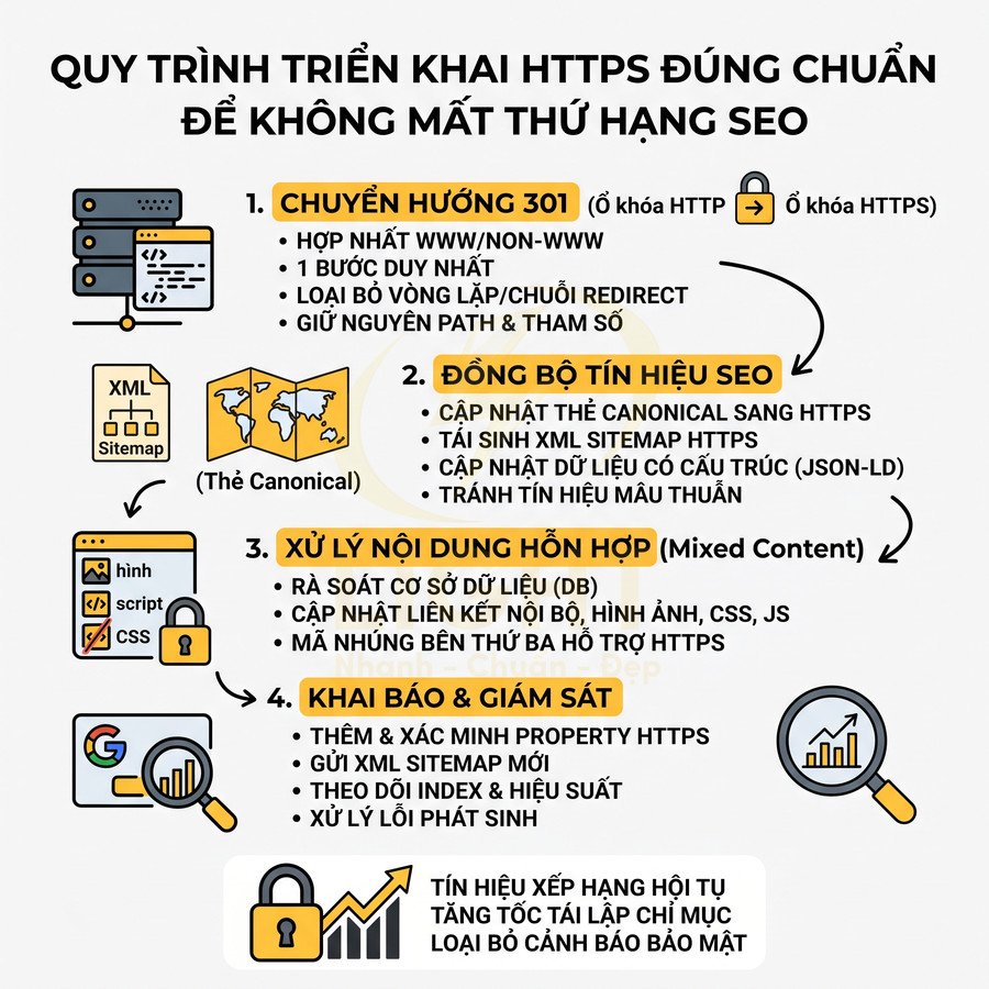 Quy trình triển khai HTTPS đúng chuẩn để không mất thứ hạng SEO với 4 bước tối ưu và giám sát website