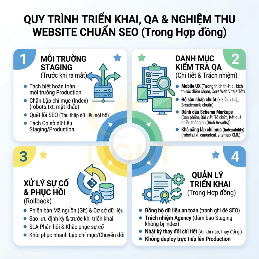Quy trình triển khai QA và nghiệm thu website chuẩn SEO với 4 bước chi tiết bằng infographic