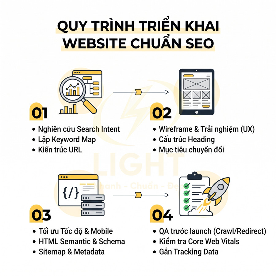 Quy trình triển khai website chuẩn SEO với 4 bước tối ưu nghiên cứu từ khóa UX tốc độ và kiểm tra trước khi launch