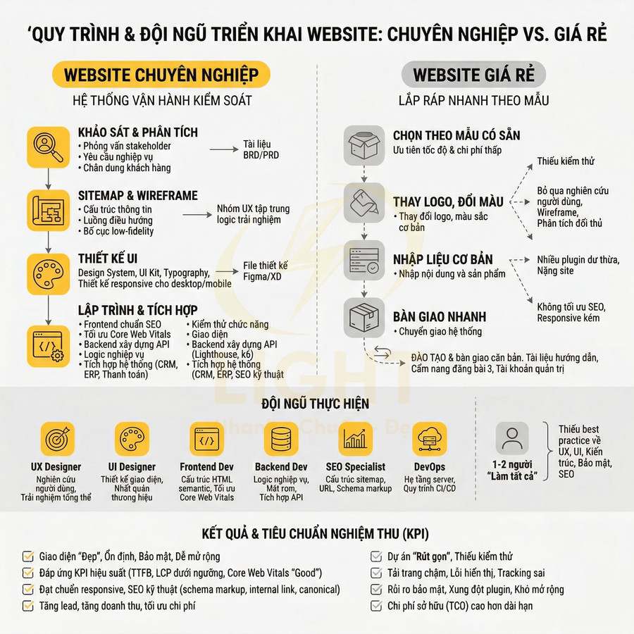 Quy trình triển khai website chuyên nghiệp so sánh với website giá rẻ, nêu rõ các bước, đội ngũ và KPI