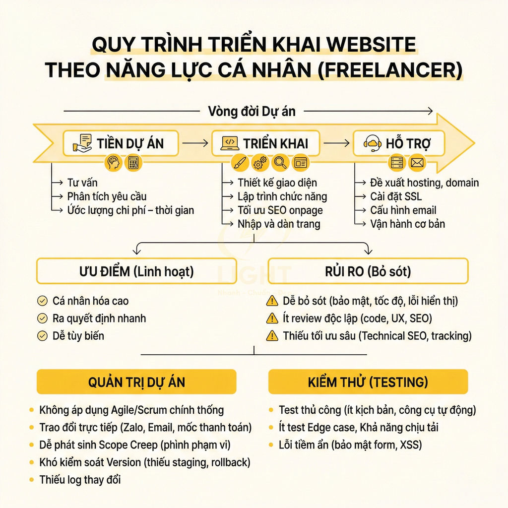 Quy trình triển khai website freelancer với các bước tiền dự án, triển khai, hỗ trợ, ưu nhược điểm và rủi ro