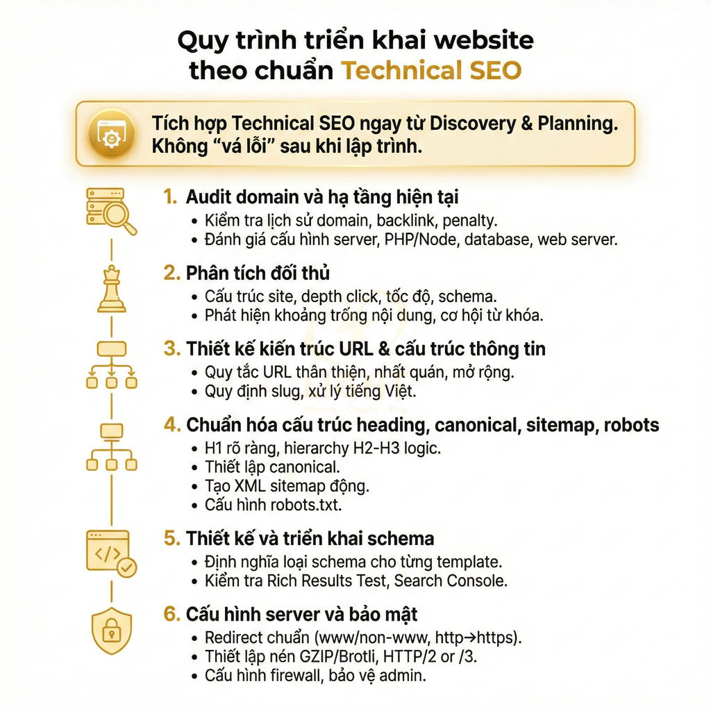 Quy trình triển khai website chuẩn Technical SEO với 6 bước tối ưu cấu trúc, schema và bảo mật