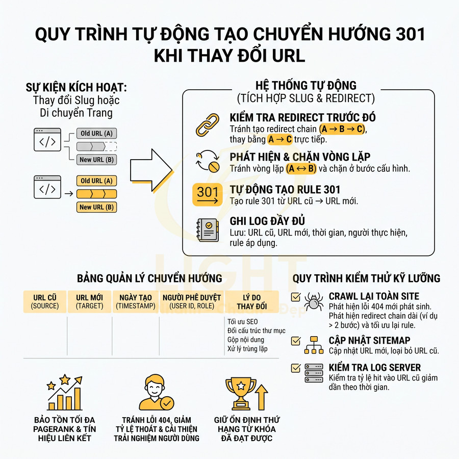 Quy trình tự động tạo chuyển hướng 301 khi thay đổi URL, tránh lỗi 404 và giữ ổn định thứ hạng từ khóa