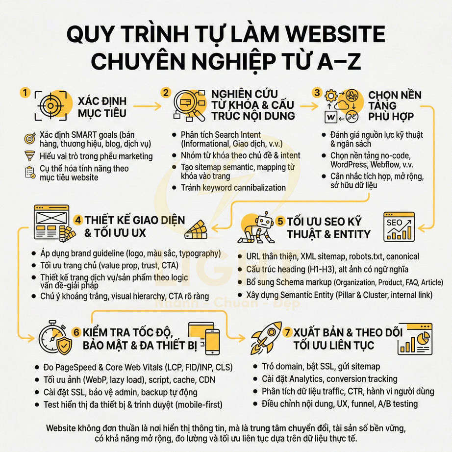 Quy trình tự làm website chuyên nghiệp từ A đến Z với 7 bước tối ưu SEO và trải nghiệm người dùng