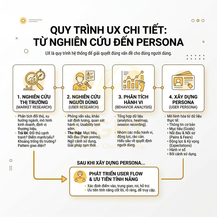 Quy trình UX chi tiết từ nghiên cứu thị trường, người dùng, phân tích hành vi đến xây dựng persona và user flow