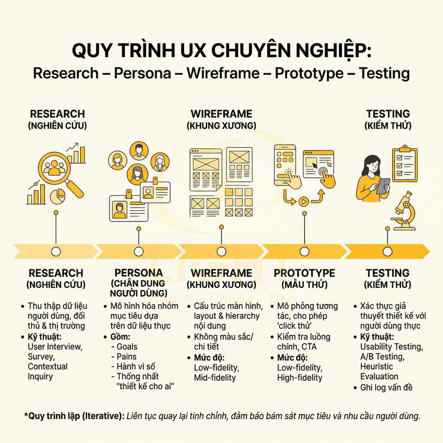 Quy trình UX chuyên nghiệp gồm 5 bước Research Persona Wireframe Prototype Testing trình bày dạng infographic