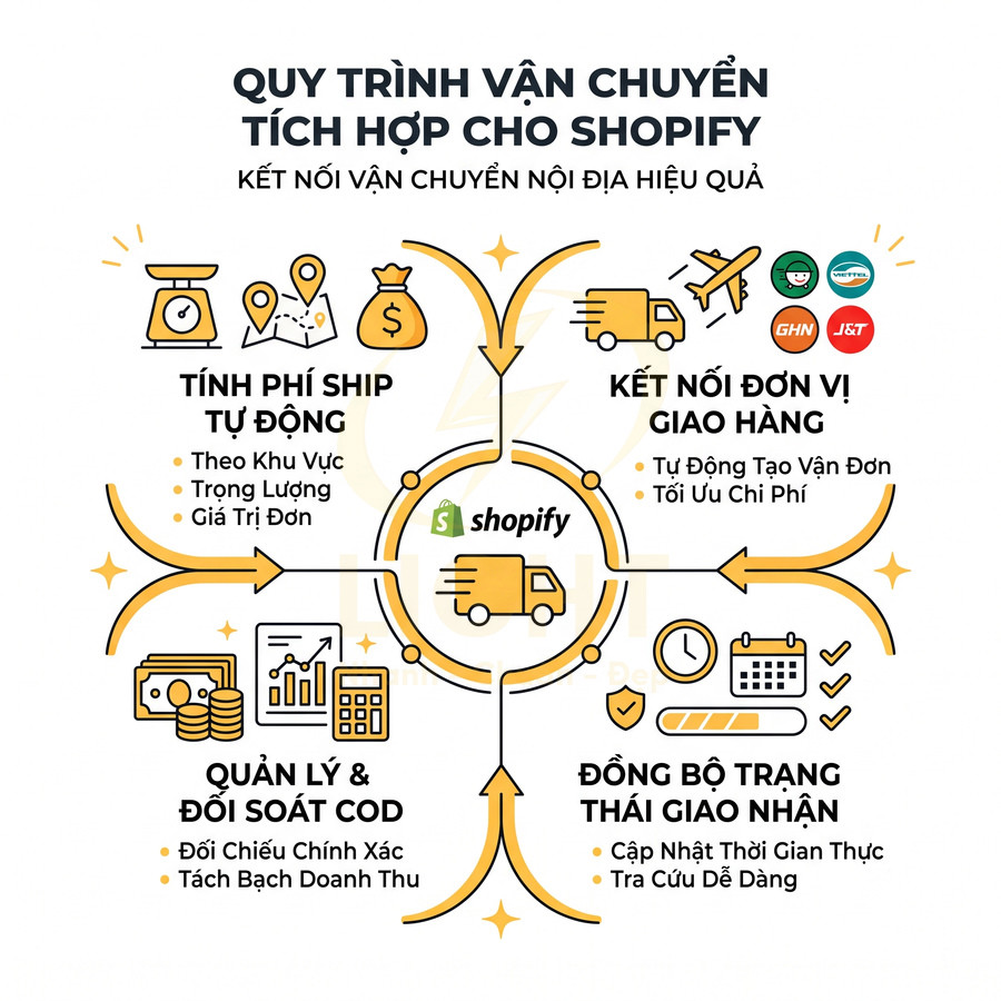 Quy trình vận chuyển tích hợp cho Shopify với tính phí ship tự động, kết nối đơn vị giao hàng và quản lý COD