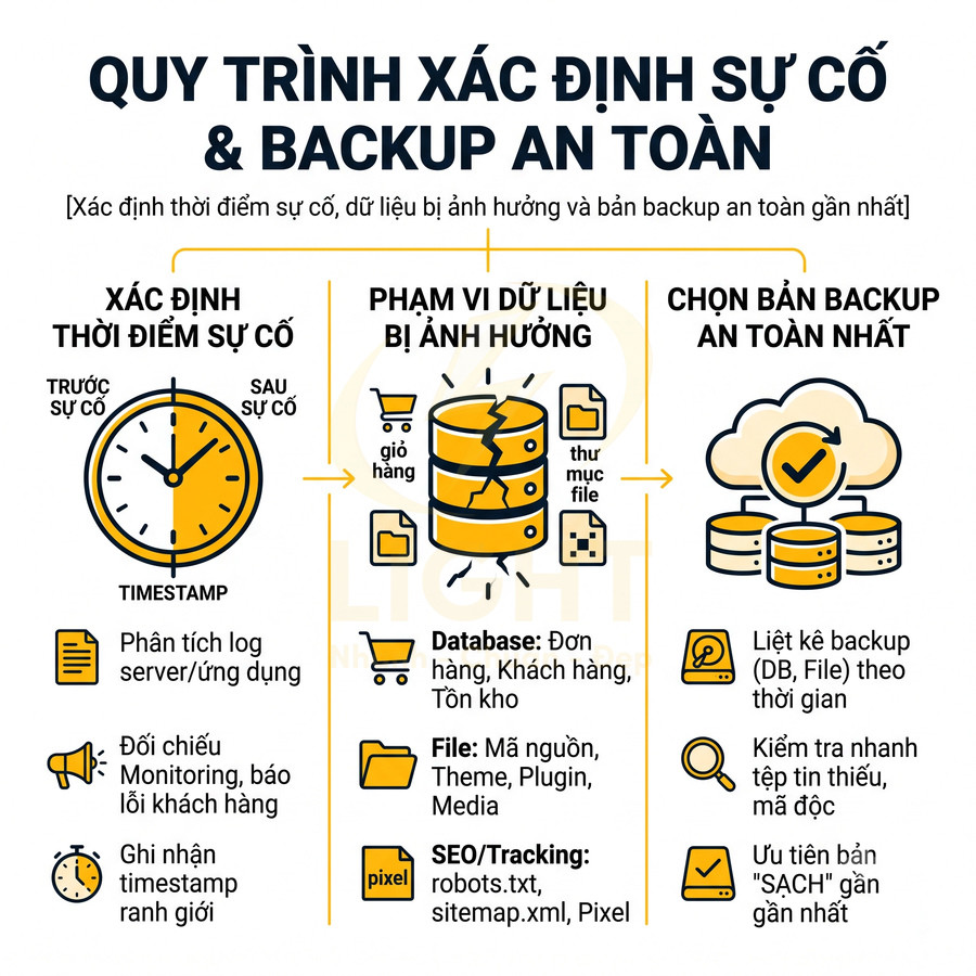 Quy trình xác định sự cố và chọn bản backup dữ liệu an toàn cho website và database