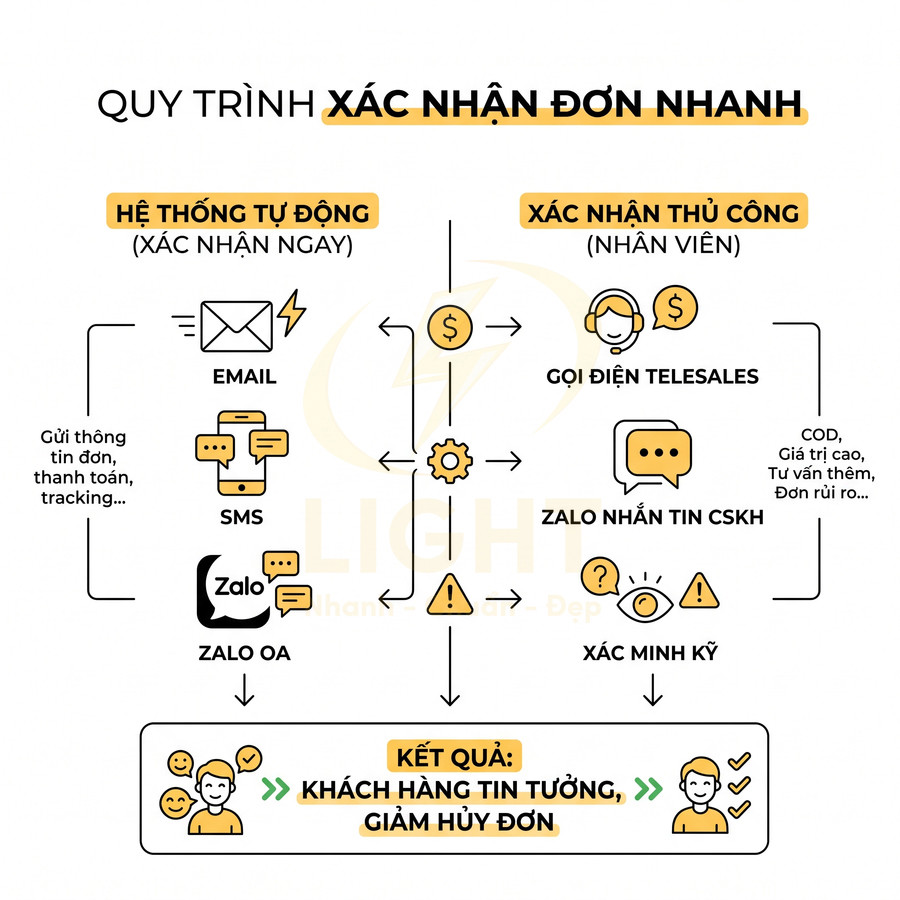 Quy trình xác nhận đơn hàng nhanh qua email, SMS, Zalo và telesales giúp tăng tin tưởng, giảm hủy đơn