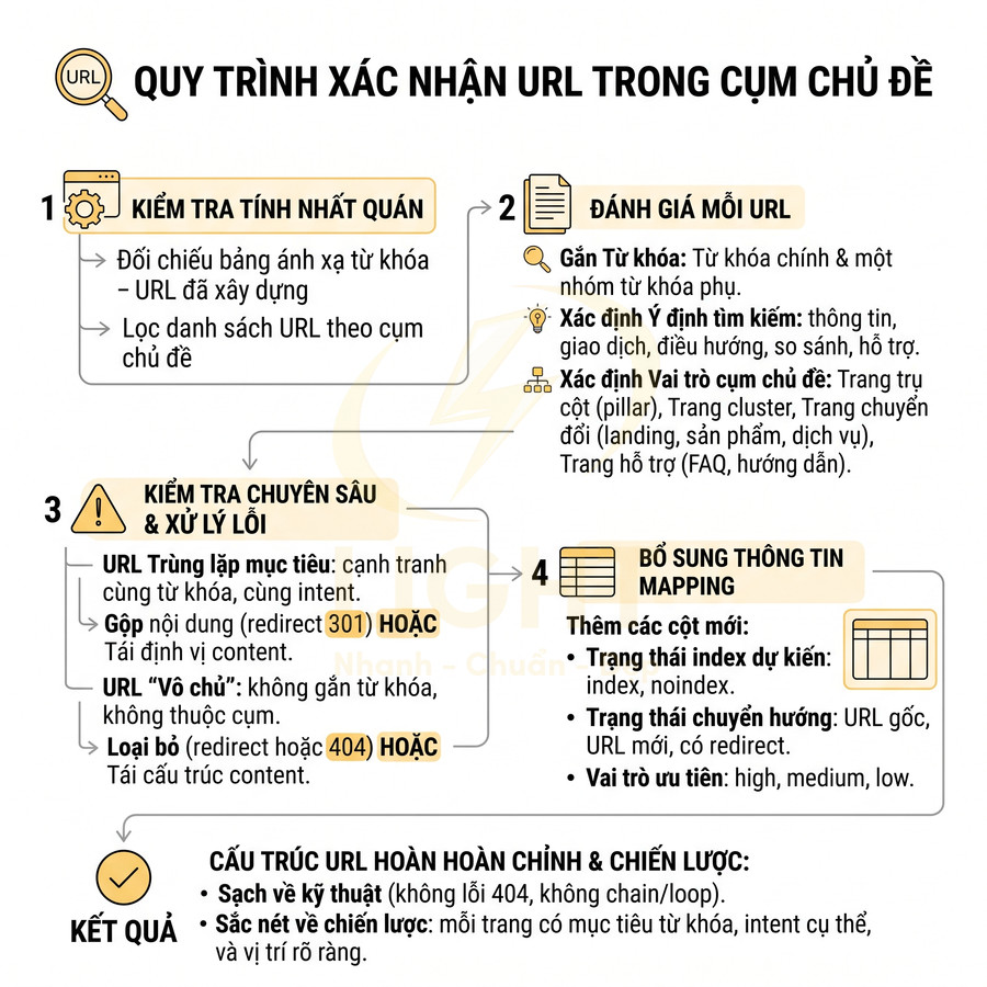 Quy trình xác nhận URL trong cụm chủ đề SEO với các bước kiểm tra, đánh giá, xử lý lỗi và bổ sung mapping