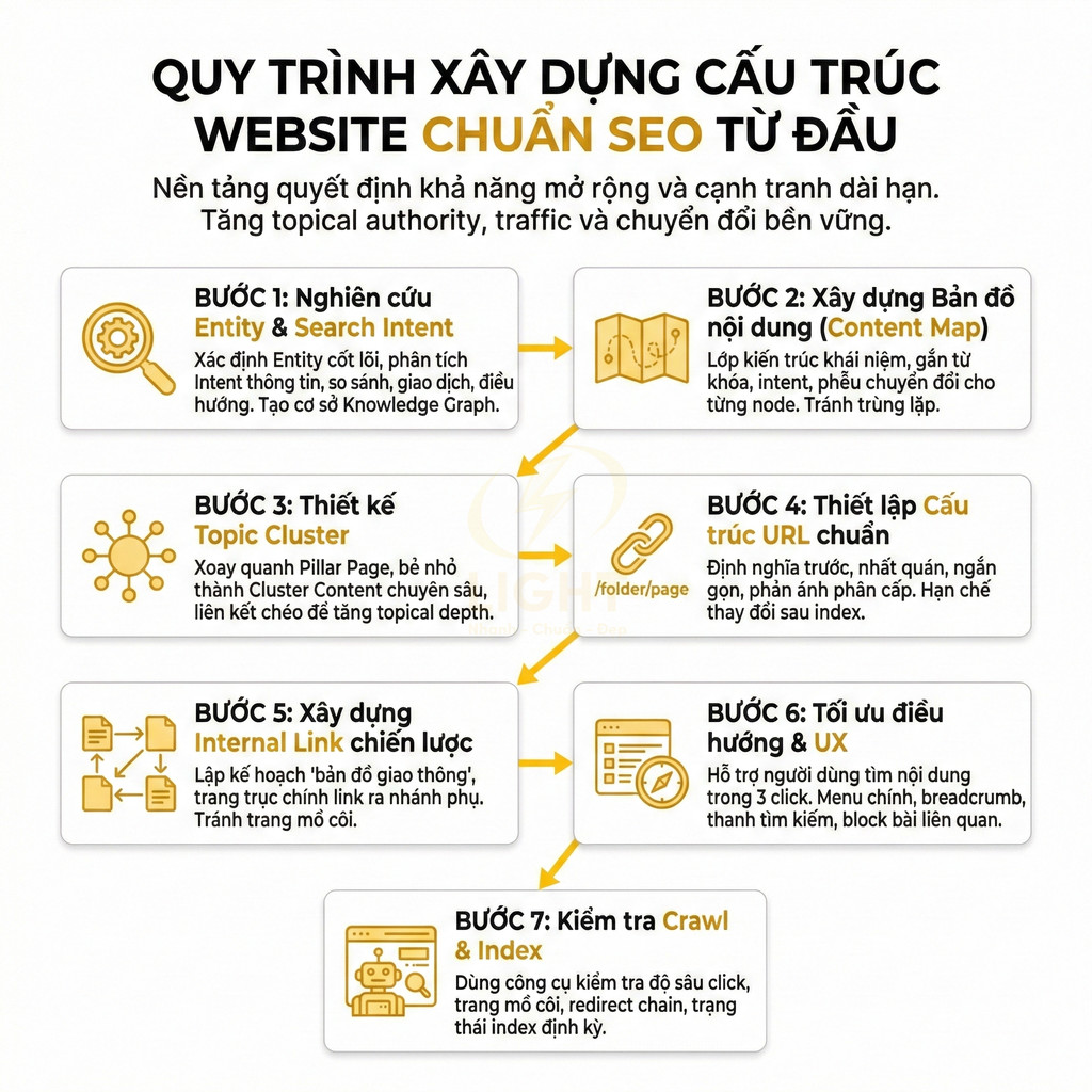 Quy trình 7 bước xây dựng cấu trúc website chuẩn SEO từ nghiên cứu entity đến kiểm tra crawl và index