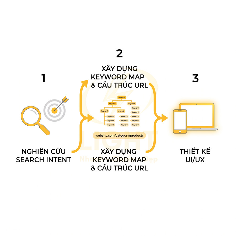 Quy trình SEO website gồm nghiên cứu search intent, xây dựng keyword map và cấu trúc URL, thiết kế UI UX