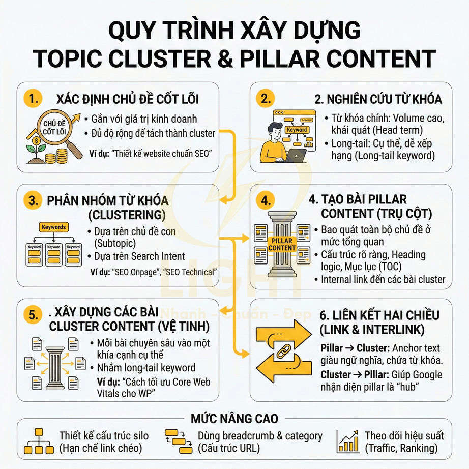 Quy trình xây dựng topic cluster và pillar content chuẩn SEO với 6 bước minh họa chi tiết