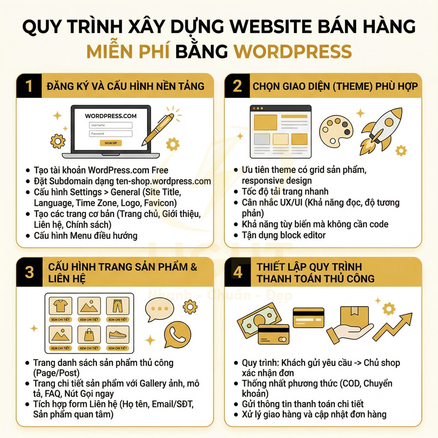 Quy trình xây dựng website bán hàng miễn phí bằng WordPress với 4 bước thiết lập cơ bản