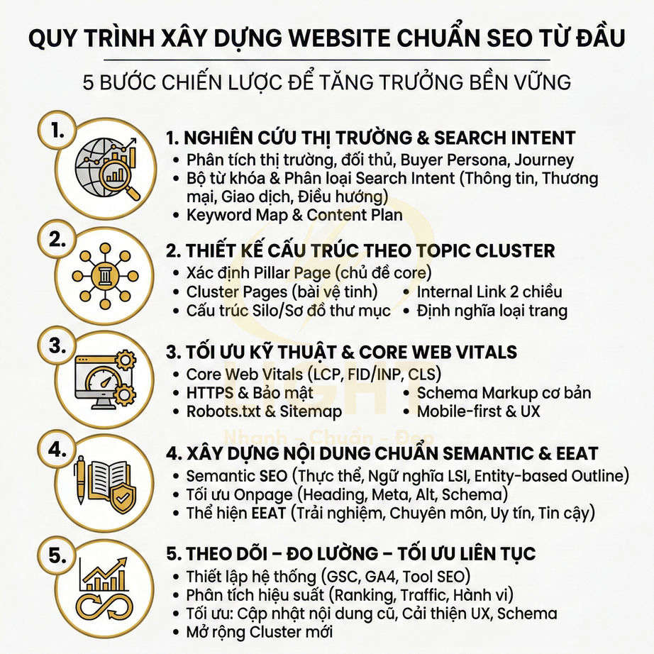 Quy trình 5 bước xây dựng website chuẩn SEO từ nghiên cứu thị trường đến tối ưu kỹ thuật và nội dung