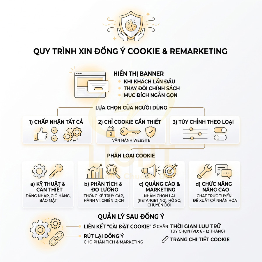 Quy trình xin đồng ý cookie và remarketing trên website với các lựa chọn và phân loại cookie chi tiết