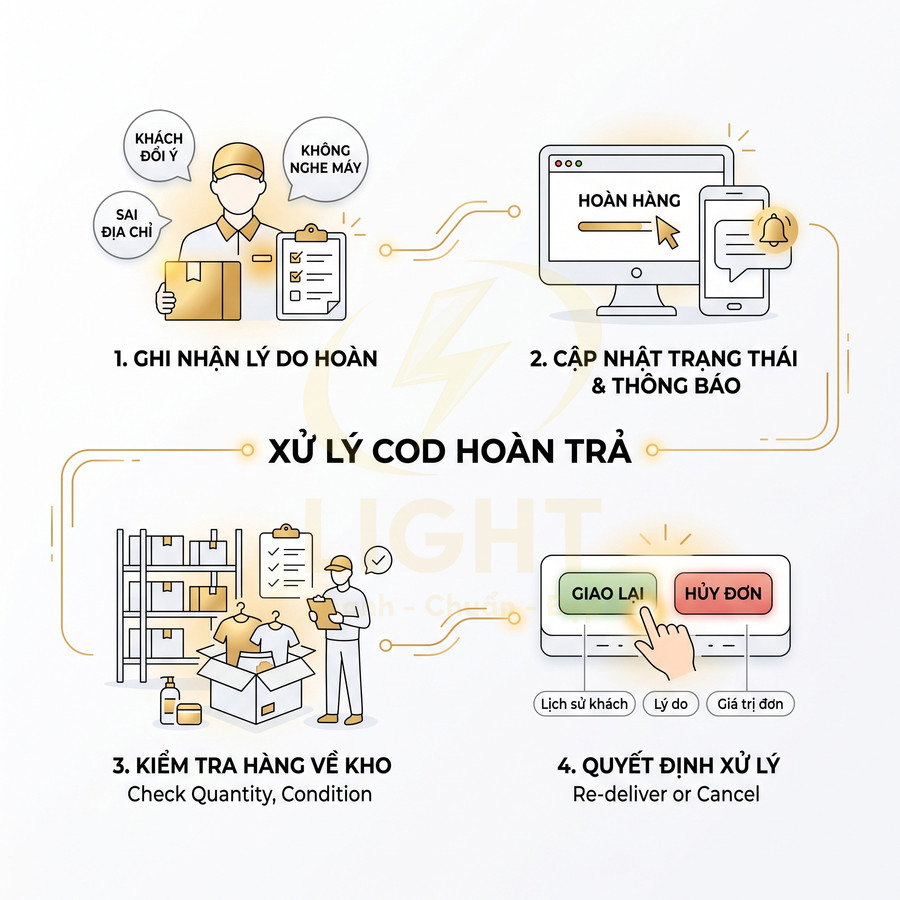 Quy trình xử lý đơn hàng COD hoàn trả với các bước ghi nhận lý do, cập nhật trạng thái, kiểm tra kho và quyết định xử lý