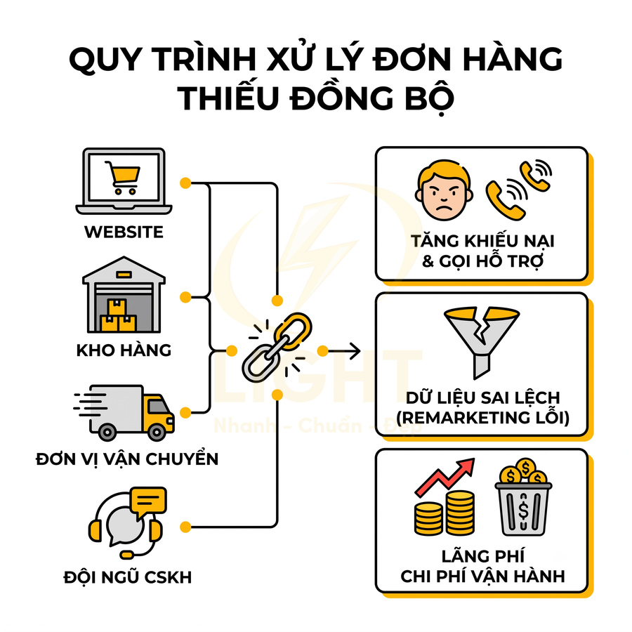 Quy trình xử lý đơn hàng thiếu đồng bộ gây khiếu nại, sai lệch dữ liệu và lãng phí chi phí vận hành
