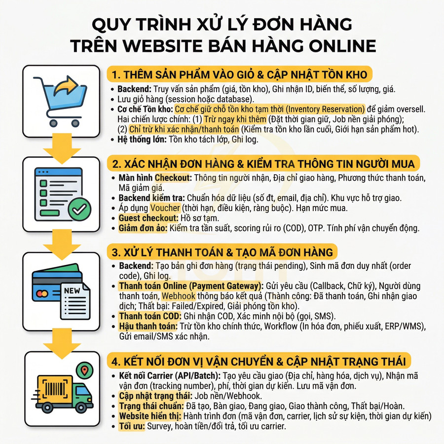 Quy trình xử lý đơn hàng trên website bán hàng online với 4 bước từ thêm sản phẩm đến giao hàng