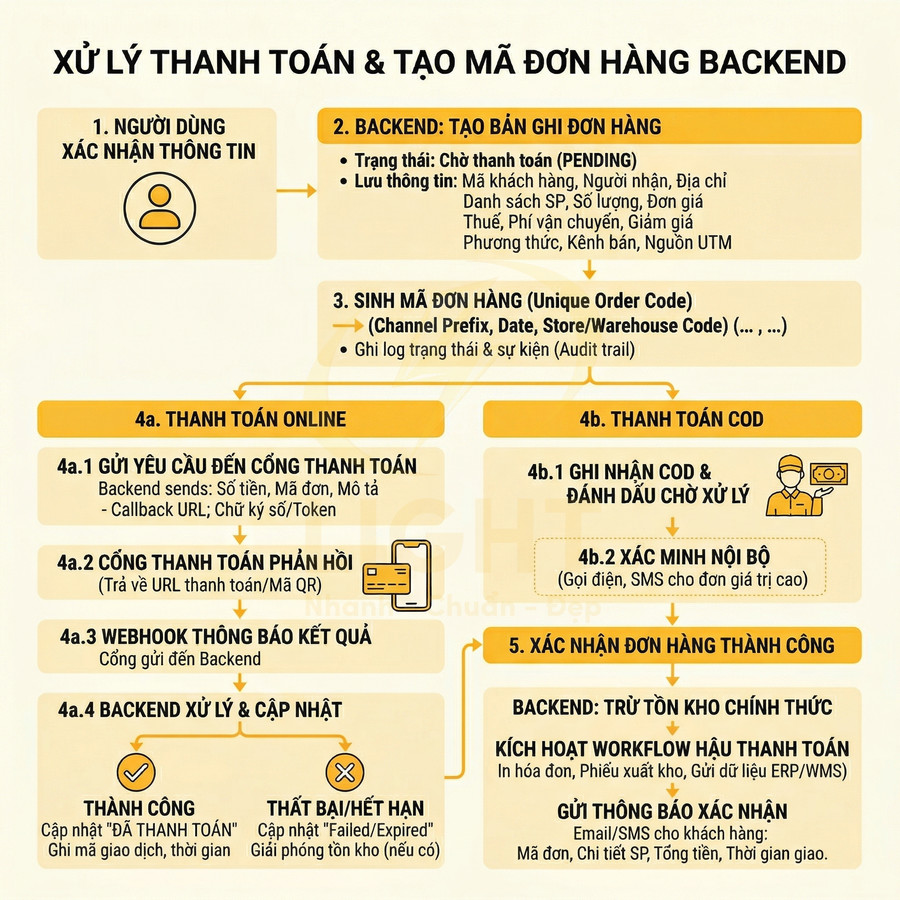Sơ đồ quy trình xử lý thanh toán và tạo mã đơn hàng backend cho hệ thống bán hàng online