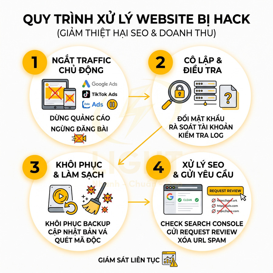Quy trình 4 bước xử lý website bị hack để giảm thiệt hại SEO và doanh thu, kèm biểu tượng minh họa từng bước
