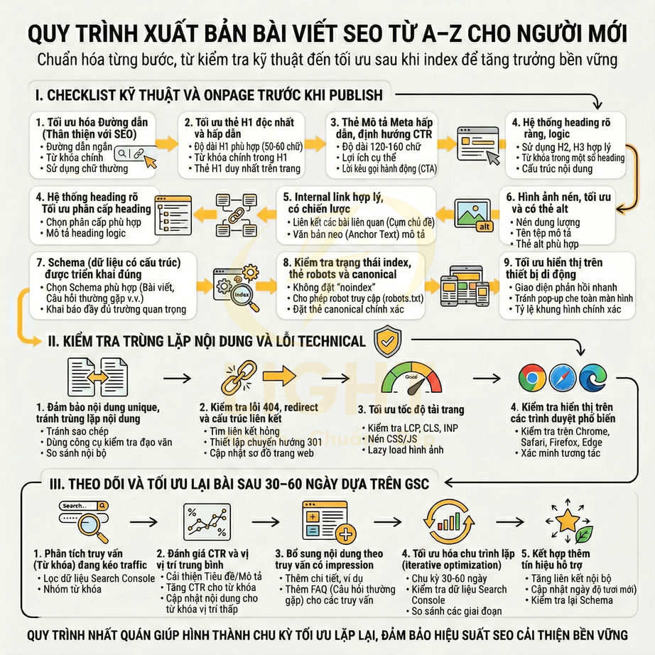 Quy trình xuất bản bài viết SEO từ A đến Z cho người mới với checklist onpage và kỹ thuật chi tiết