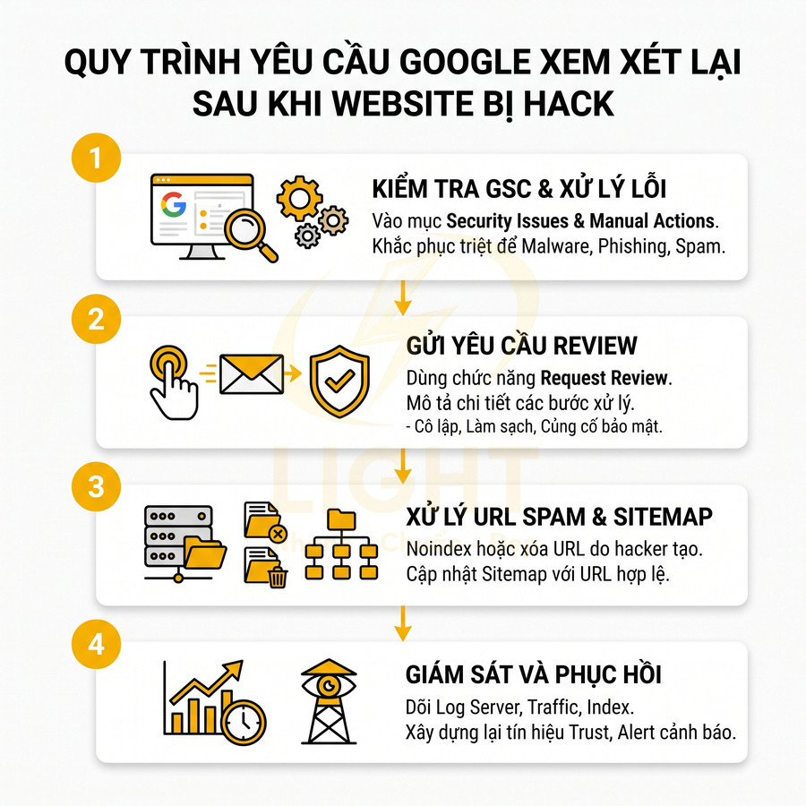 Quy trình 4 bước yêu cầu Google xem xét lại website sau khi bị hack với hướng dẫn xử lý và phục hồi