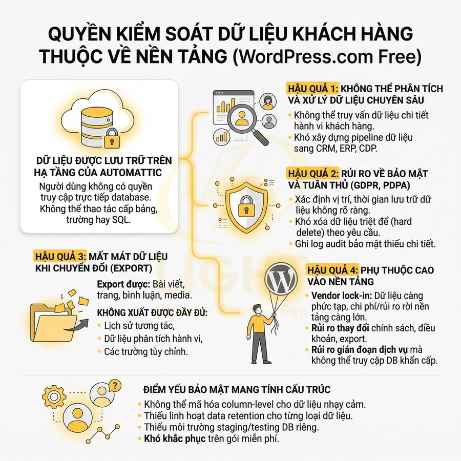 Infographic về quyền kiểm soát dữ liệu khách hàng trên nền tảng WordPress.com Free và các rủi ro bảo mật, xuất dữ liệu