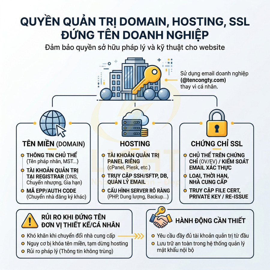 Infographic quyền quản trị domain hosting SSL đứng tên doanh nghiệp và rủi ro khi để đơn vị thiết kế đứng tên