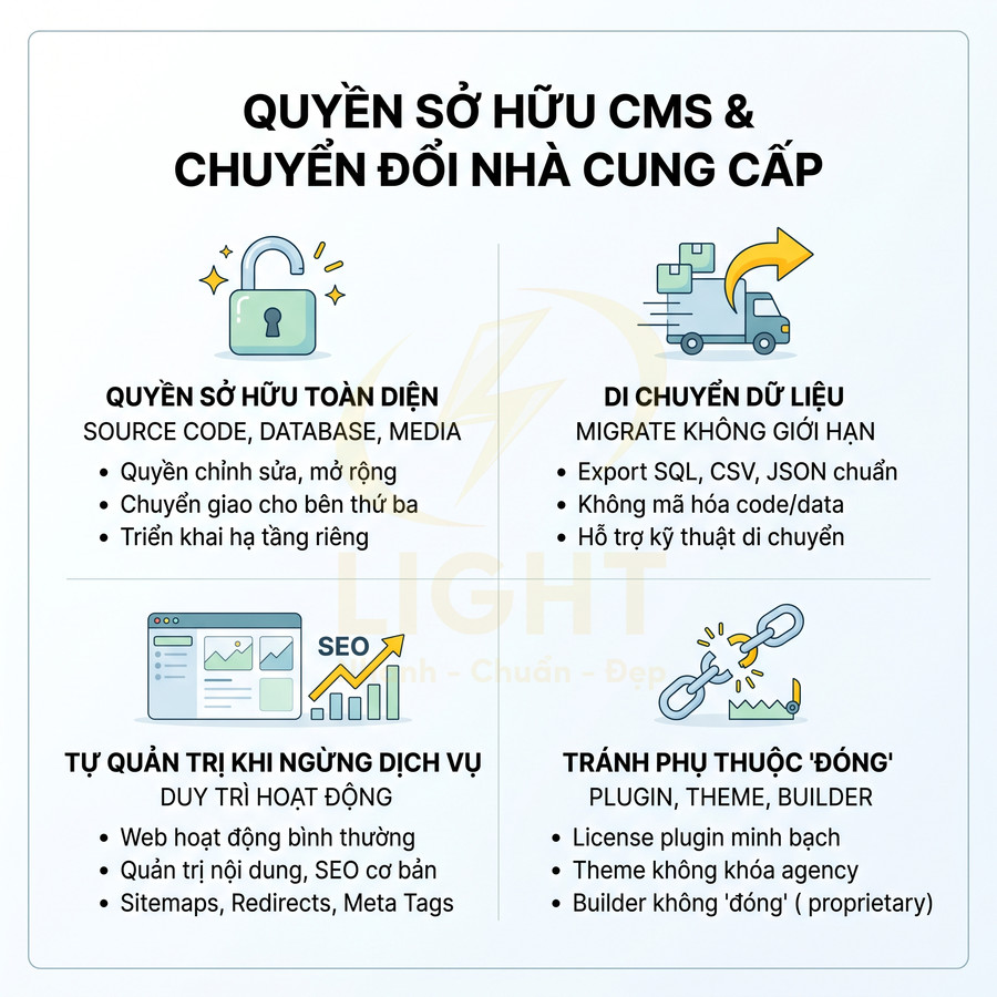 Infographic quyền sở hữu CMS và chuyển đổi nhà cung cấp, nêu lợi ích tự quản trị website và di chuyển dữ liệu