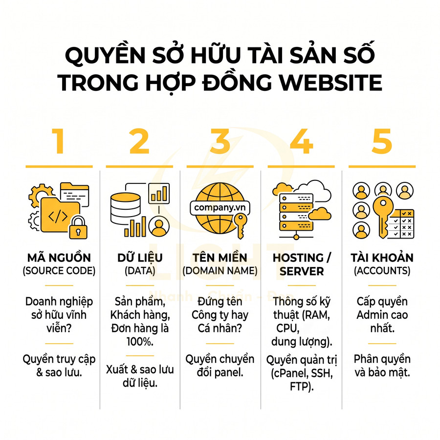 Quyền sở hữu tài sản số trong hợp đồng website gồm mã nguồn, dữ liệu, tên miền, hosting và tài khoản quản trị