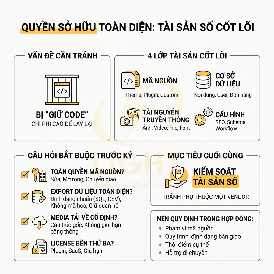 Infographic quyền sở hữu toàn diện tài sản số cốt lõi, tránh bị giữ code và kiểm soát mã nguồn, dữ liệu, media, cấu hình