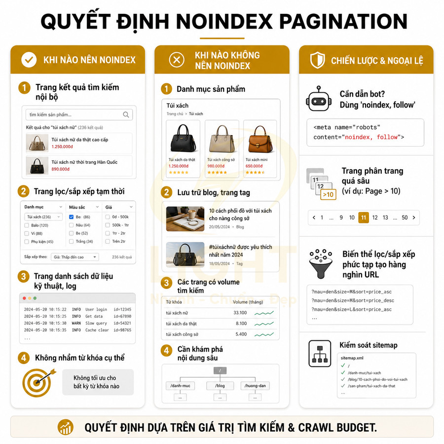 Infographic hướng dẫn quyết định noindex pagination cho trang danh mục, lọc sản phẩm túi xách trong SEO website thương mại điện tử