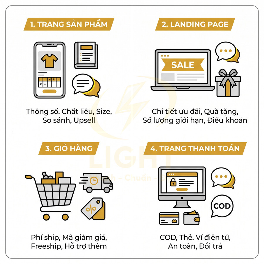 Quy trình tối ưu nội dung trang sản phẩm, landing page, giỏ hàng và trang thanh toán cho website bán hàng online