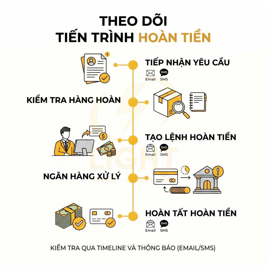 Quy trình theo dõi hoàn tiền đơn hàng gồm tiếp nhận yêu cầu, kiểm tra hàng, ngân hàng xử lý và hoàn tất thanh toán
