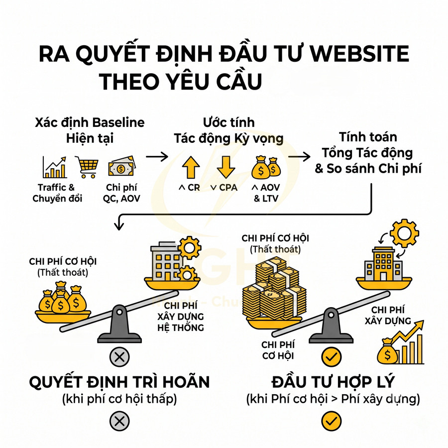 Quy trình ra quyết định đầu tư website theo yêu cầu với so sánh chi phí cơ hội và chi phí xây dựng hệ thống