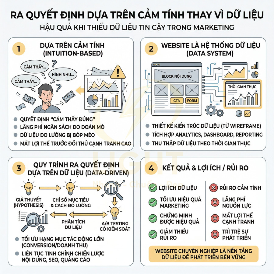 Infographic so sánh ra quyết định marketing theo cảm tính và dựa trên dữ liệu, nêu lợi ích và rủi ro cho doanh nghiệp