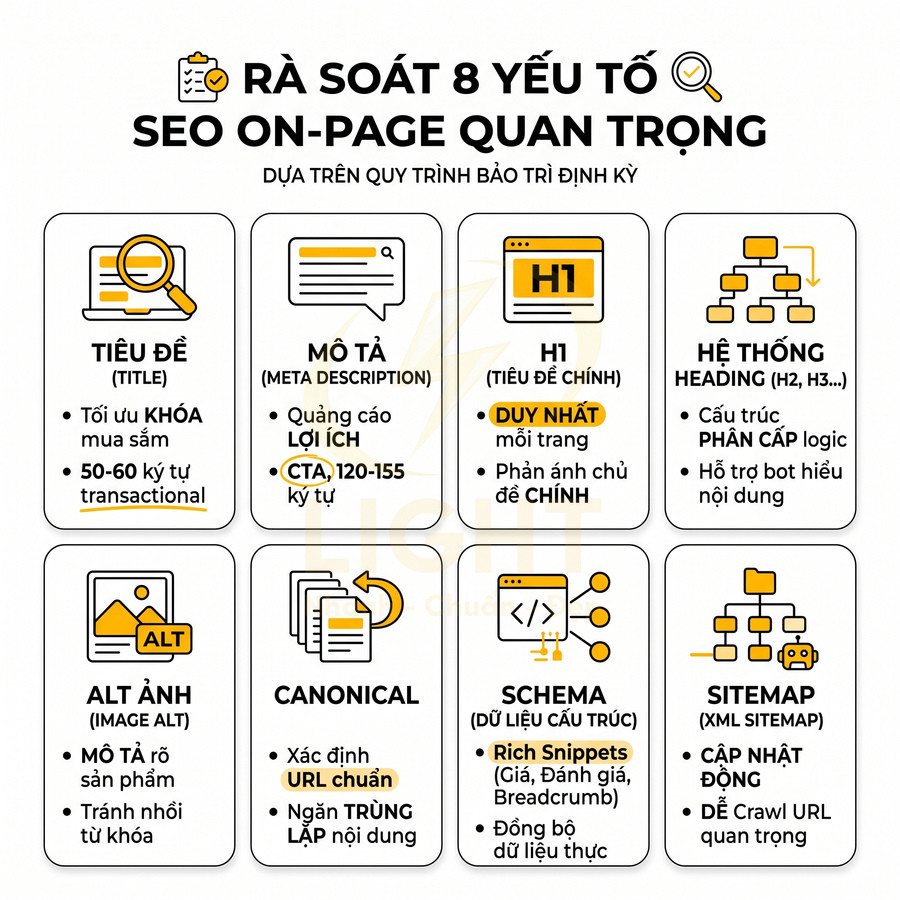 Checklist 8 yếu tố SEO onpage quan trọng gồm title, meta description, H1, heading, alt ảnh, canonical, schema, sitemap