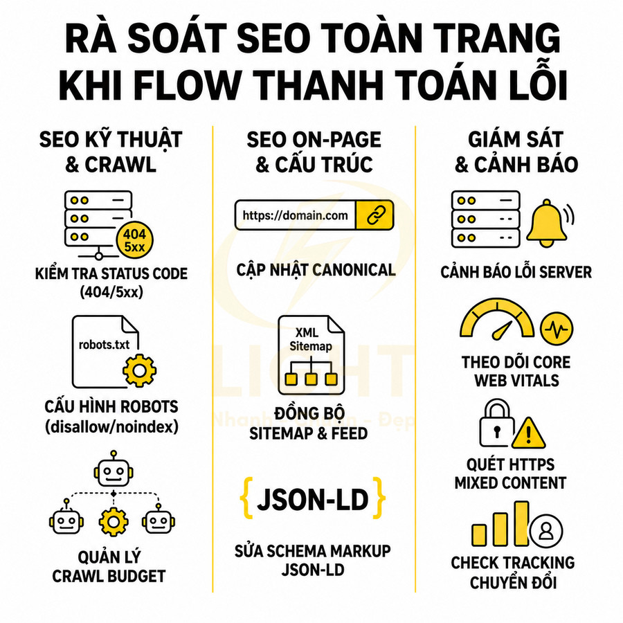 Checklist rà soát SEO toàn trang khi flow thanh toán lỗi với các bước kỹ thuật, onpage và giám sát cảnh báo