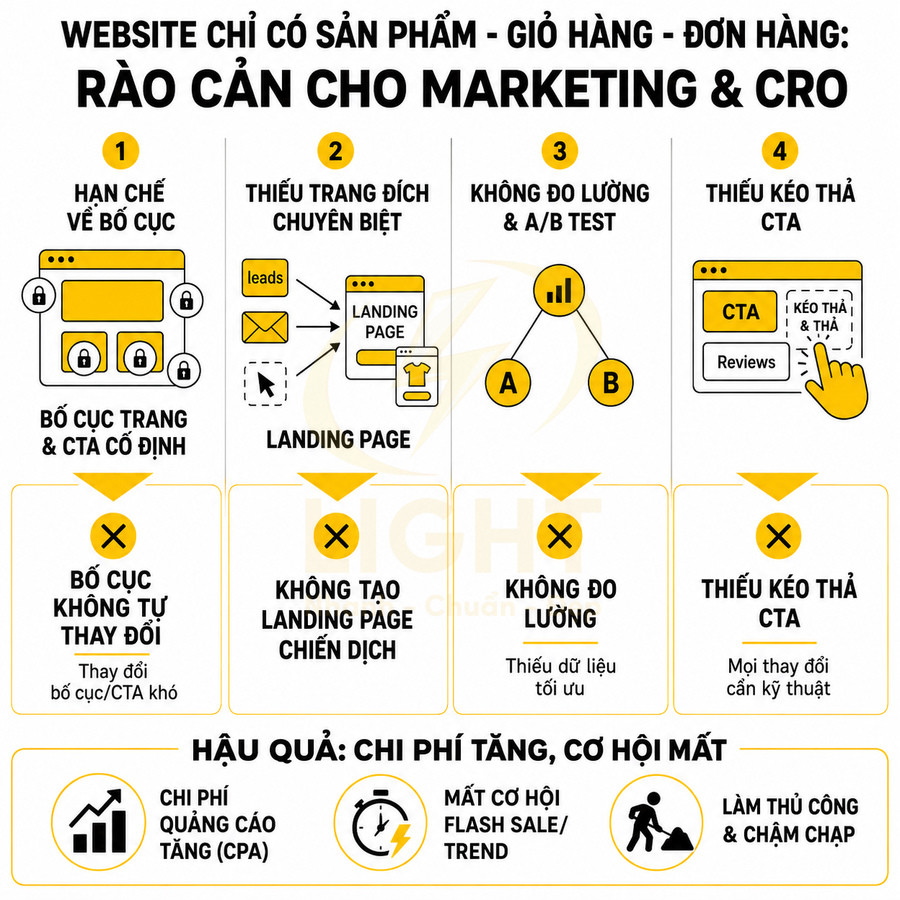 Infographic rào cản website chỉ có sản phẩm giỏ hàng đơn hàng cho marketing và tối ưu chuyển đổi CRO