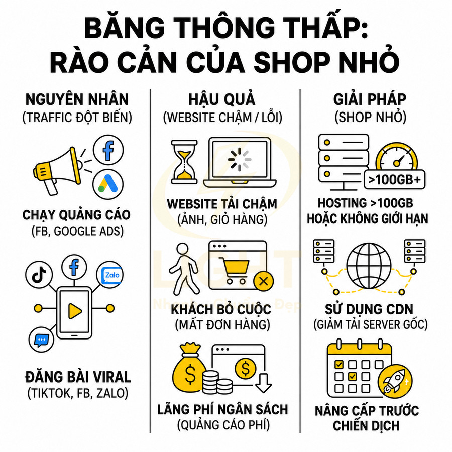 Bảng thông tin rào cản của shop nhỏ và giải pháp hosting dung lượng lớn, CDN cho website tải nhanh