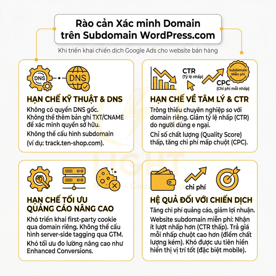 Infographic rào cản xác minh domain trên subdomain WordPress.com khi chạy quảng cáo Google Ads