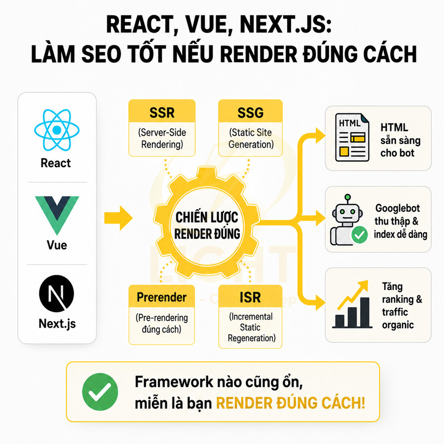 Infographic so sánh React Vue Next.js và các kỹ thuật render SSR SSG ISR giúp tối ưu SEO và tăng traffic organic