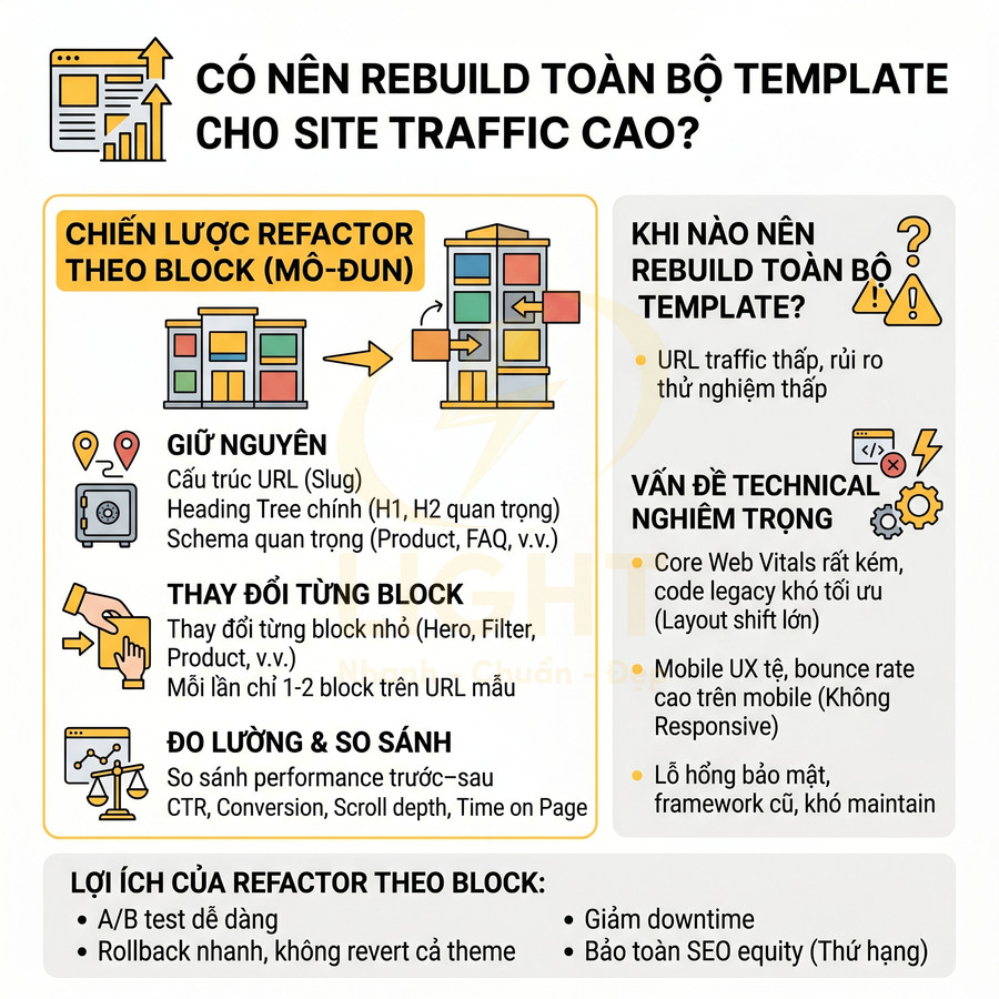 Infographic hướng dẫn refactor template website theo block cho site traffic cao và khi nào nên rebuild toàn bộ template