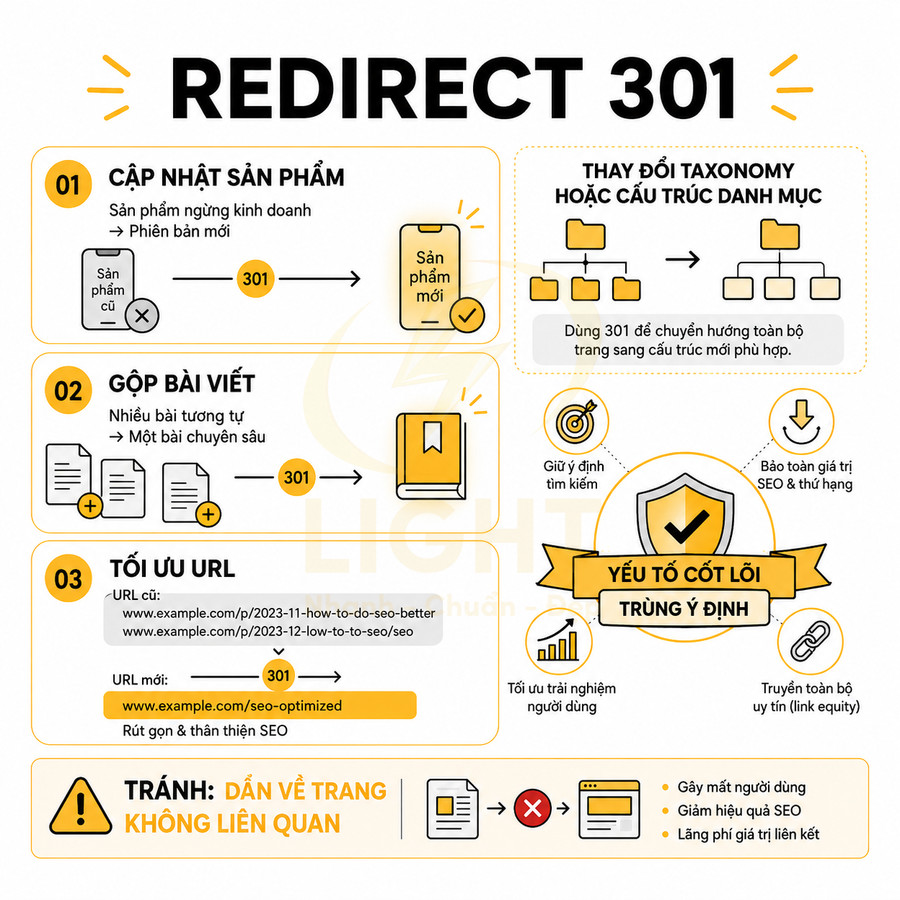 Infographic hướng dẫn sử dụng redirect 301 để cập nhật sản phẩm, gộp bài viết và tối ưu URL cho SEO