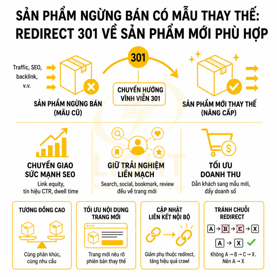 Infographic hướng dẫn dùng redirect 301 khi sản phẩm ngừng bán để chuyển sang sản phẩm mới thay thế và tối ưu SEO, doanh thu