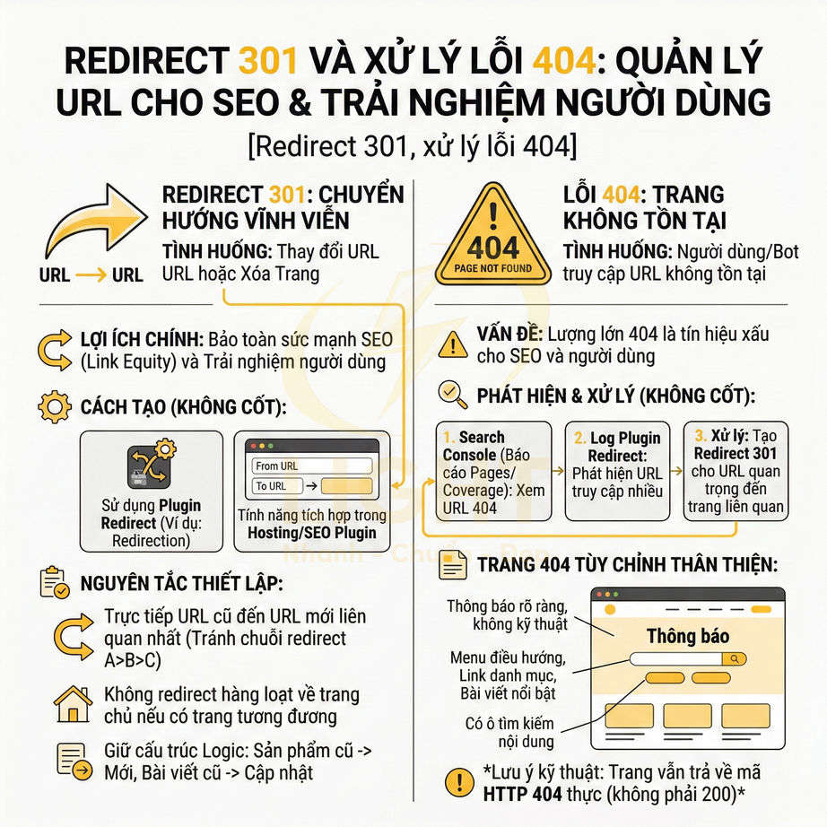 Infographic hướng dẫn redirect 301 và xử lý lỗi 404 để quản lý URL tối ưu SEO và trải nghiệm người dùng