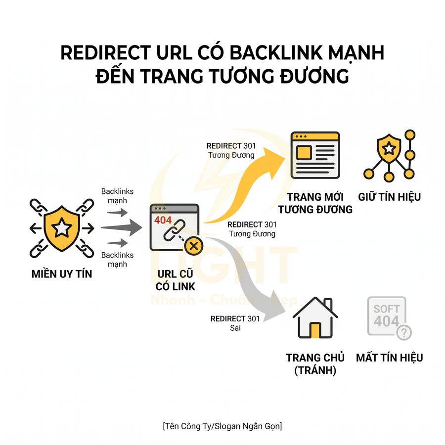 Minh họa quy trình redirect 301 URL có backlink mạnh sang trang tương đương để giữ tín hiệu SEO