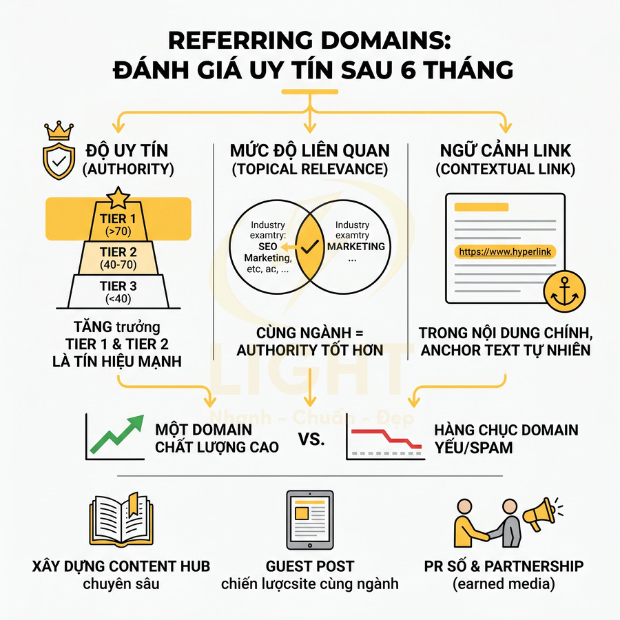 Infographic tiêu chí đánh giá referring domains uy tín sau 6 tháng trong chiến lược SEO